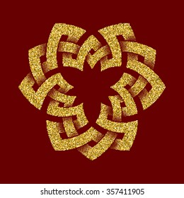 Golden glittering logo template in Celtic knots style on dark red background. Tribal symbol in trefoil form. Gold ornament for jewelry design.