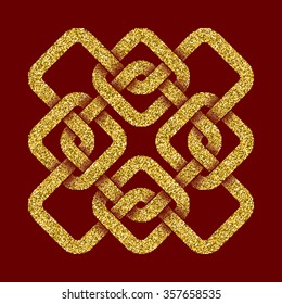 Golden glittering logo template in Celtic knots style on dark red background. Tribal symbol in cruciform maze form. Gold ornament for jewelry design.