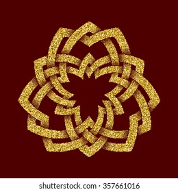 Golden glittering logo template in Celtic knots style on dark red background. Tribal symbol in trefoil form. Gold ornament for jewelry design.