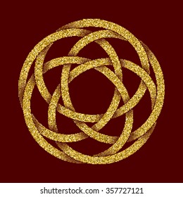 Golden glittering logo template in Celtic knots style on dark red background. Tribal symbol in circular maze form. Gold ornament for jewelry design.