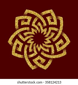 Golden glittering logo template in Celtic knots style on dark red background. Tribal symbol in pentagon maze form. Gold ornament for jewelry design.