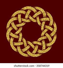 Golden glittering logo template in Celtic knots style on dark red background. Symbol in circular maze form. Gold ornament for jewelry design.