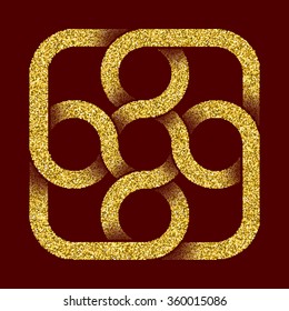 Golden glittering logo template in Celtic knots style on dark red background. Tribal symbol in square maze form of connected rings. Gold ornament for jewelry design.