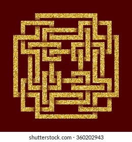 Golden glittering logo template in Celtic knots style on dark red background. Tribal symbol in square maze form. Gold ornament for jewelry design.