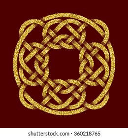 Golden glittering logo template in Celtic knots style on dark red background. Tribal symbol in circular mandala form. Gold ornament for jewelry design.