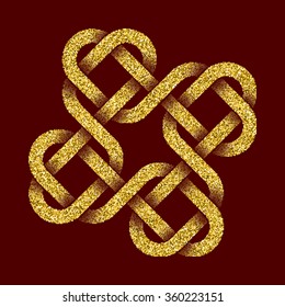 Golden glittering logo template in Celtic knots style on dark red background. Tribal symbol in cruciform with hearts maze form. Gold ornament for jewelry design.
