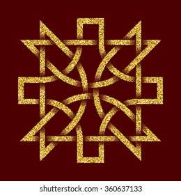 Golden glittering logo template in Celtic knots style on dark red background. Tribal symbol in cruciform maze form. Gold ornament for jewelry design.