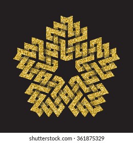 Golden glittering logo template in Celtic knots style on black background. Tribal symbol in pentagon maze form. Gold ornament for jewelry design.