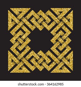 Golden glittering logo template in Celtic knots style on black background. Tribal symbol in square cruciform maze form. Gold ornament for jewelry design.