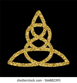 Golden glittering logo template in Celtic knots style on black background. Triangular symbol. Gold ornament for jewelry design.