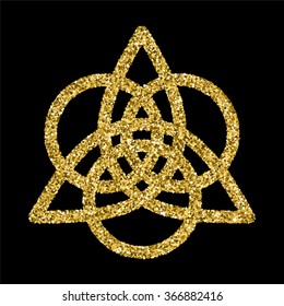 Golden glittering logo template in Celtic knots style on black background. Triangular symbol. Gold ornament for jewelry design.
