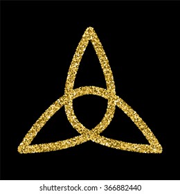 Golden glittering logo template in Celtic knots style on black background. Triangular symbol. Gold ornament for jewelry design.