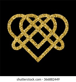 Golden glittering logo template in Celtic knots style on black background. Triangular symbol. Gold ornament for jewelry design.
