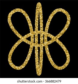 Golden glittering logo template in Celtic knots style on black background. Gold ornament for jewelry design.