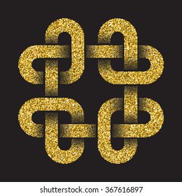 Golden glittering logo template in Celtic knots style on black background. Tribal symbol in square cruciform maze form. Gold ornament for jewelry design.