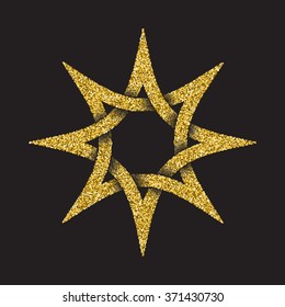 Golden glittering logo template in Celtic knots style on black background. Tribal symbol in eight pointed star form. Gold ornament for jewelry design.