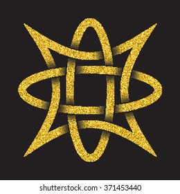 Golden glittering logo template in Celtic knots style on black background. Tribal symbol in four pointed star maze form. Gold ornament for jewelry design.