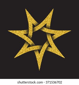 Golden glittering logo template in Celtic knots style on black background. Tribal symbol in seven pointed star form. Gold ornament for jewelry design.