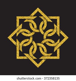 Golden glittering logo template in Celtic knots style on black background. Tribal symbol in octagonal mandala form. Gold ornament for jewelry design.