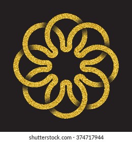 Golden glittering logo template in Celtic knots style on black background. Tribal symbol in circular mandala form. Gold ornament for jewelry design.