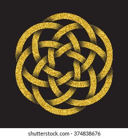 Golden glittering logo template in Celtic knots style on black background. Tribal symbol in circular mandala form. Gold ornament for jewelry design.