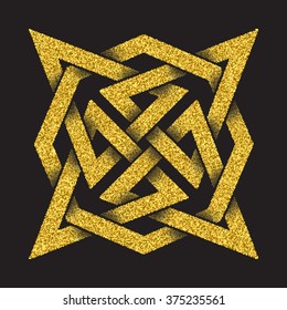 Golden glittering logo template in Celtic knots style on black background. Tribal symbol in four pointed star maze form. Gold ornament for jewelry design.