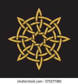 Golden glittering logo template in Celtic knots style on black background. Tribal symbol in octagon mandala form. Gold ornament for jewelry design.