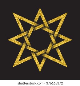 Golden glittering logo template in Celtic knots style on black background. Tribal symbol in eight pointed star form. Gold ornament for jewelry design.