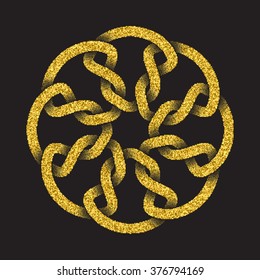 Golden glittering logo template in Celtic knots style on black background. Tribal symbol in circular mandala form. Gold ornament for jewelry design.
