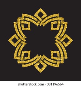 Golden glittering logo template in Celtic knots style on black background. Symbol in cruciform frame form. Gold ornament for jewelry design.
