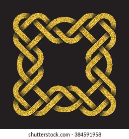 Golden glittering logo template in Celtic knots style on black background. Symbol in square frame form. Gold ornament for jewelry design.
