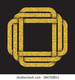 Golden glittering logo template in Celtic knots style on black background. Symbol in square frame form. Gold ornament for jewelry design.
