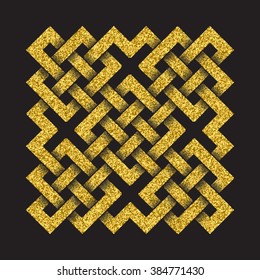 Golden glittering logo template in Celtic knots style on black background. Symbol in square mandala form. Gold ornament for jewelry design.