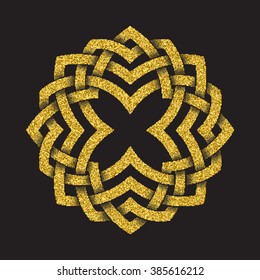 Golden glittering logo template in Celtic knots style on black background. Tribal symbol in circular mandala form. Gold ornament for jewelry design.