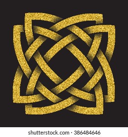 Golden glittering logo template in Celtic knots style on black background. Symbol in square cruciform form. Gold ornament for jewelry design.