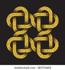 Golden glittering logo template in Celtic knots style on black background. Symbol in square cruciform form. Gold ornament for jewelry design.