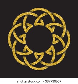 Golden glittering logo template in Celtic knots style on black background. Tribal symbol in circular mandala form. Gold ornament for jewelry design.