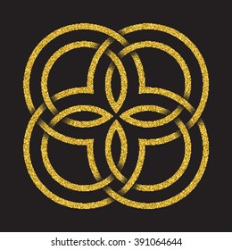 Golden glittering logo template in Celtic knots style on black background. Tribal symbol in four petals mandala form. Gold ornament for jewelry design.