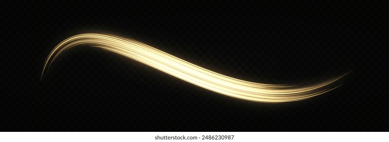 Golden, glittering magic gold particles isolated on transparent background. Sparkling wavy light effect. Glowing fire lines effect.