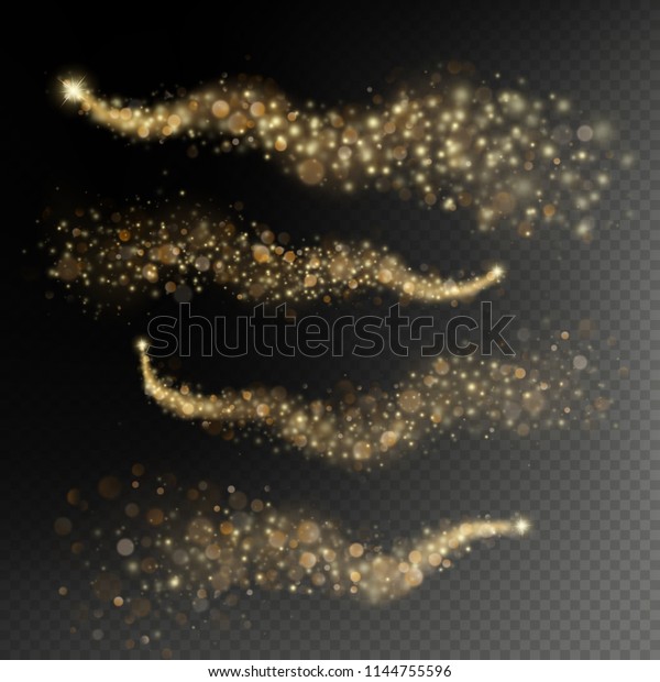Golden glittering magic star trail with shimmer
particles isolated on transparent background. Sparkle magic fairy
stardust. EPS 10