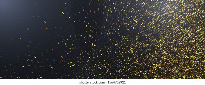 Golden Glittering Particles Banner. Horizontal Sparkling Luxurious Dark Background. Vector Design Template.