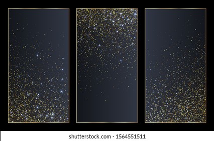 Golden Glittering Particles Banners or Social Media Templates Set. Vertical Sparkling Luxurious Dark Backgrounds. Vector Design Template.