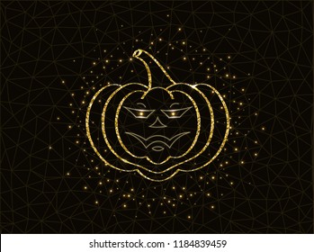 Golden glittering pumpkin  with magic dust on black background.