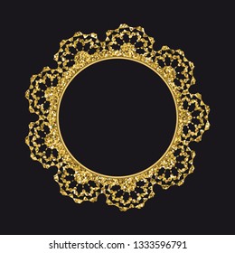 Golden glittering round lace vector template isolated on black background.