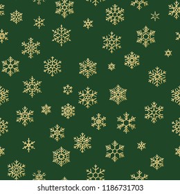 Golden glittering snowflakes seamless pattern on green background. EPS 10