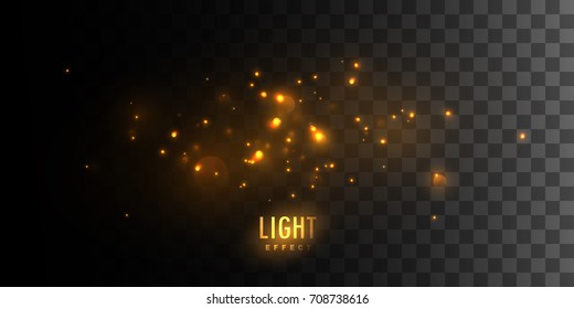 Golden glittering sparkles isolated on dark checkered transparent background. Vector illustration of shiny particles. Luminous fire stars. Light effect element for design. Vfx