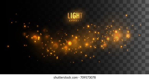 Golden glittering sparkles isolated on dark checkered transparent background. Vector illustration of shiny particles. Luminous fire stars. Light bokeh effect. Glowing element for design