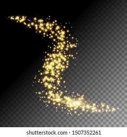 Golden glittering star way vector illustration. Shimmering cloud with stars isolated on transparent background. Magic stardust. Abstract sparkling vortex. Fairy glowing whirl creative wallpaper