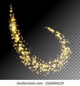 Golden glittering star way vector illustration. Shimmering cloud with stars isolated on transparent background. Magic stardust backdrop. Abstract sparkling vortex. Fairy glowing whirl wallpaper