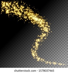 Golden glittering star way vector illustration. Shimmering cloud with stars isolated on transparent background. Magic stardust backdrop. Abstract sparkling vortex. Fairy glowing whirl wallpaper